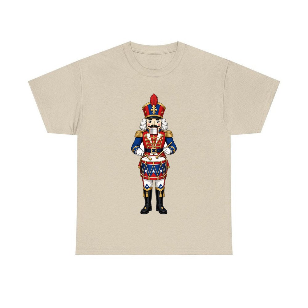 Blue Coat Nutcracker Drummer personalised Christmas T-shirt in sand