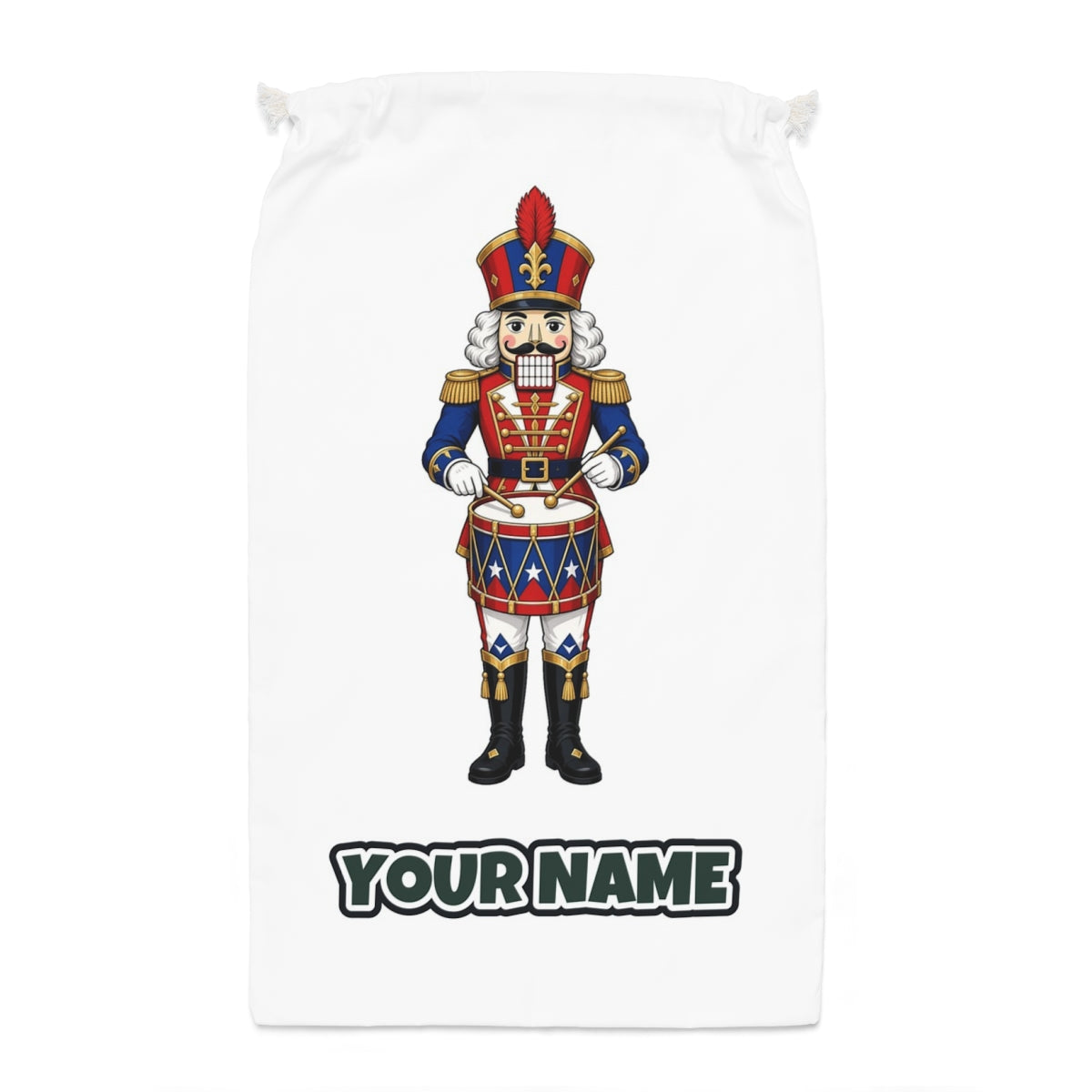 Blue Coat Nutcracker Drummer Santa sack laid flat, showing the full print