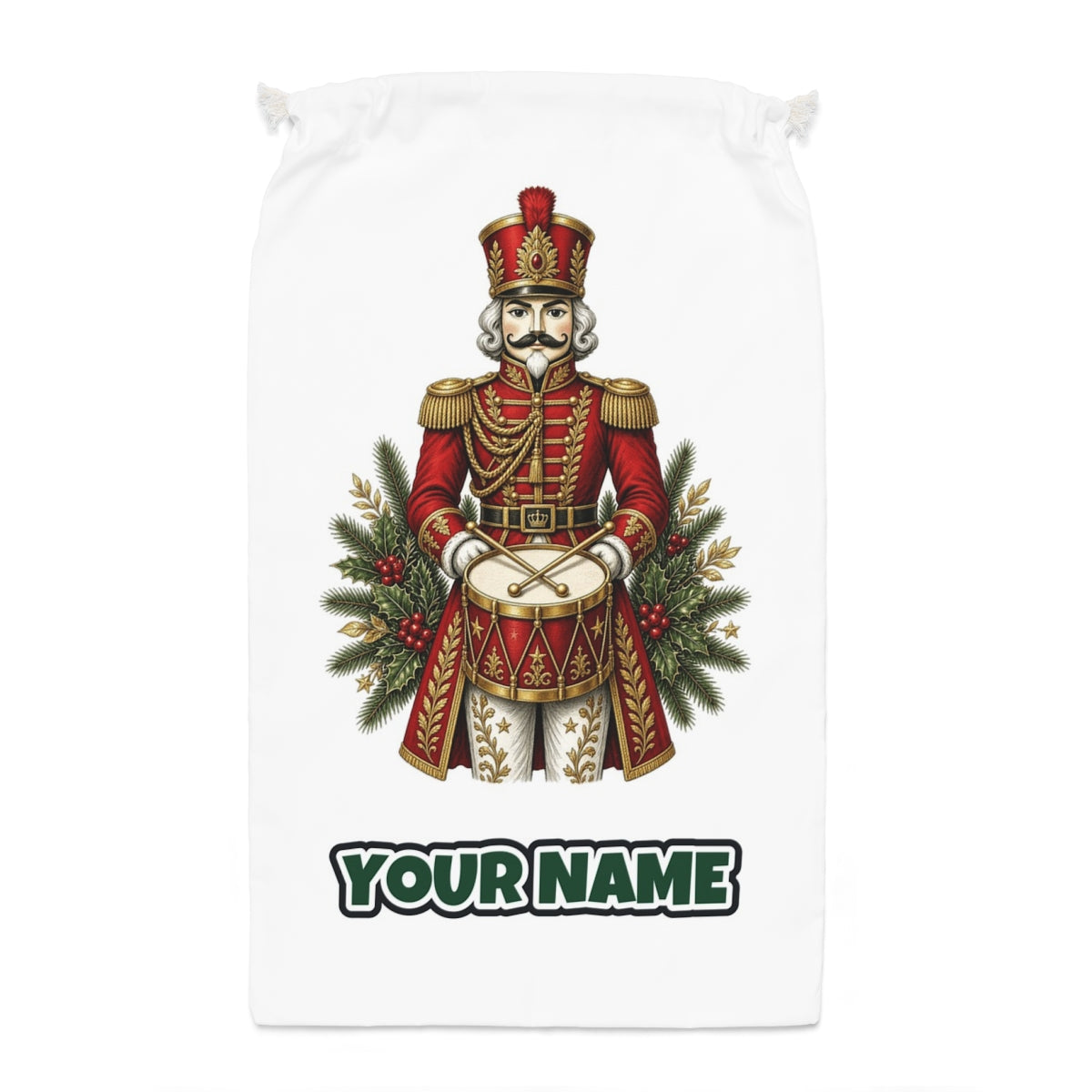 Nutcracker Drummer Soldier Santa sack laid flat, showing the full print