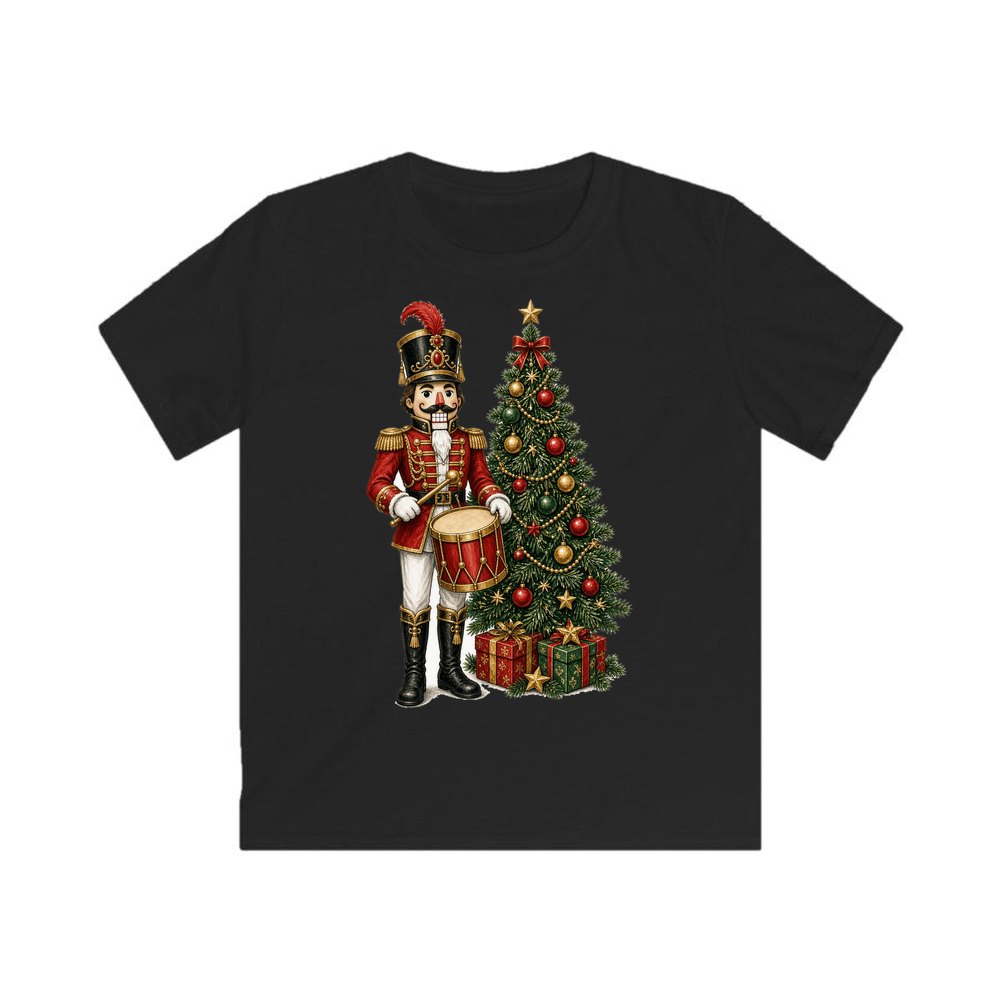 Nutcracker Drummer with Tree personalised kids Christmas tee in black