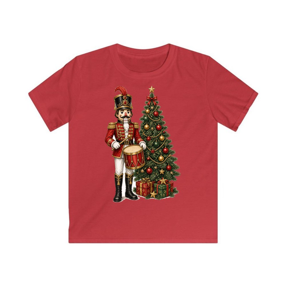 Nutcracker Drummer with Tree personalised kids Christmas tee in red