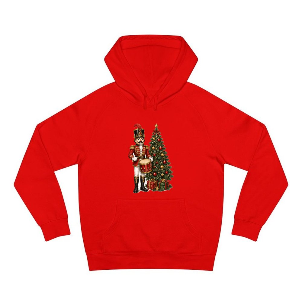 Nutcracker Drummer with Tree personalised Christmas hoodie in red