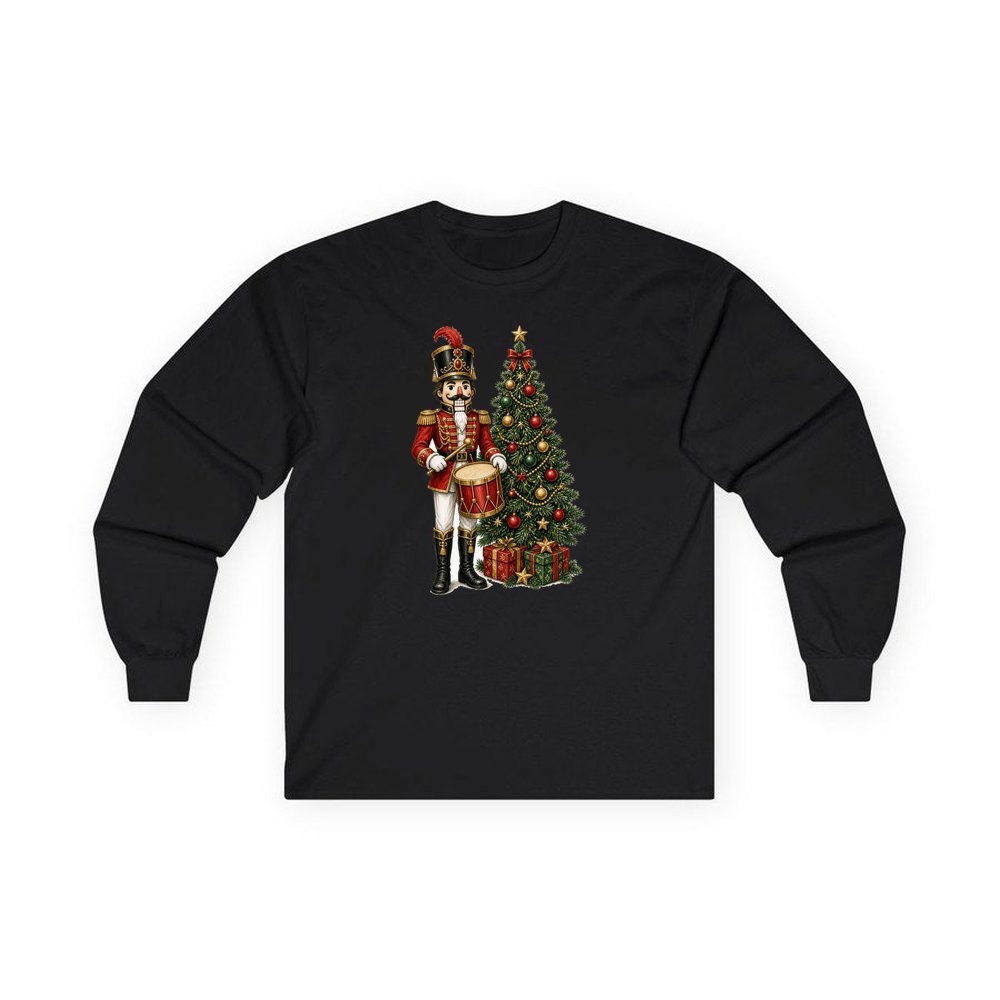 Nutcracker Drummer with Tree personalised long sleeve Christmas T-shirt in black