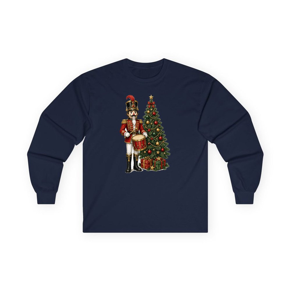 Nutcracker Drummer with Tree personalised long sleeve Christmas T-shirt in navy