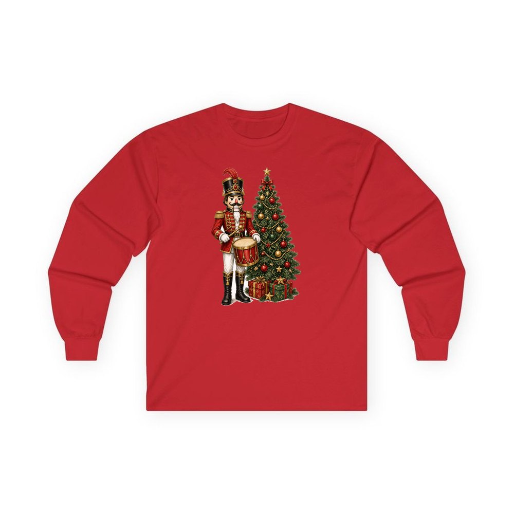 Nutcracker Drummer with Tree personalised long sleeve Christmas T-shirt in red