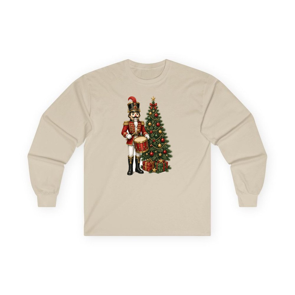 Nutcracker Drummer with Tree personalised long sleeve Christmas T-shirt in sand
