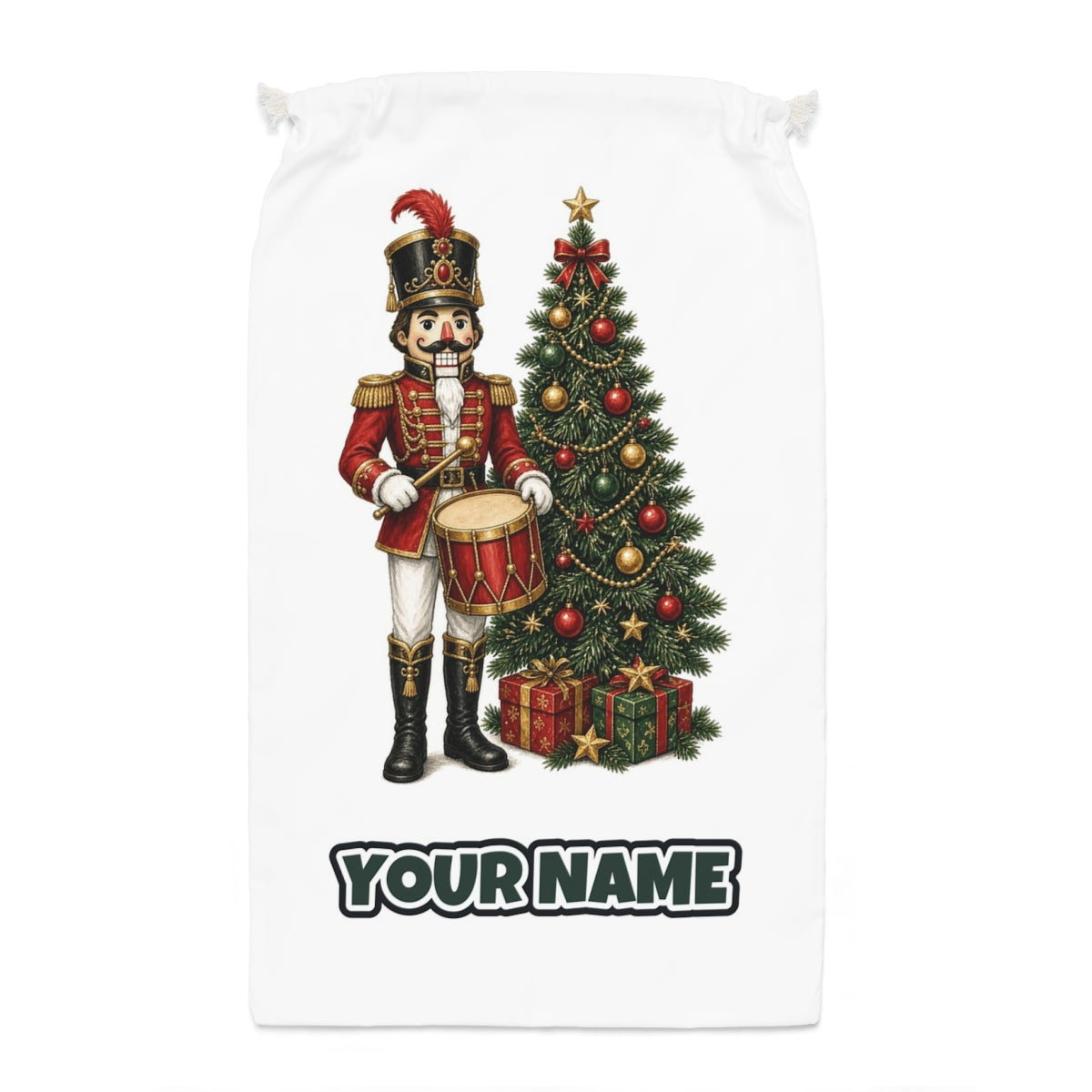 Nutcracker Drummer with Tree Santa sack laid flat, showing the full print