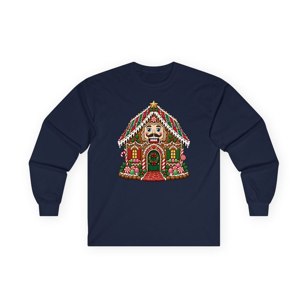 Nutcracker Gingerbread House personalised long sleeve Christmas T-shirt in navy