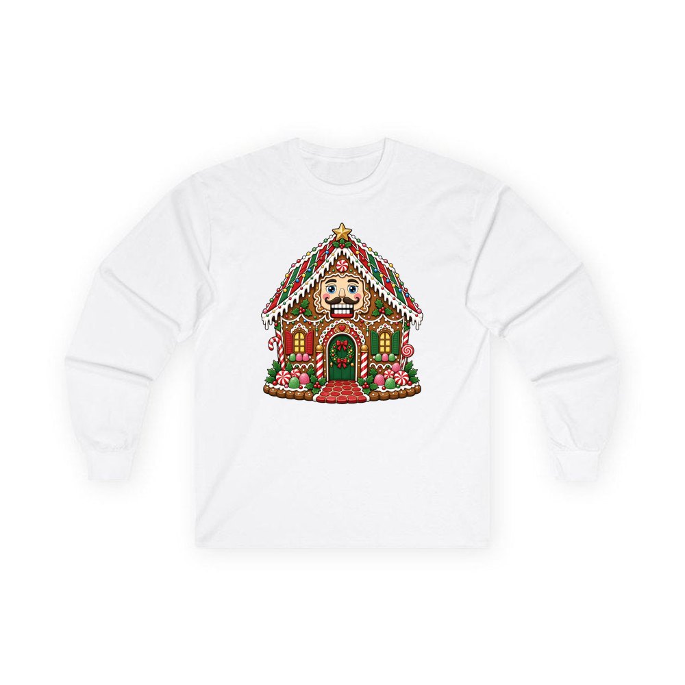 Nutcracker Gingerbread House personalised long sleeve Christmas T-shirt in white