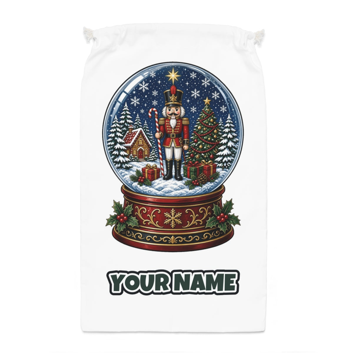 Nutcracker Snow Globe Santa sack laid flat, showing the full print