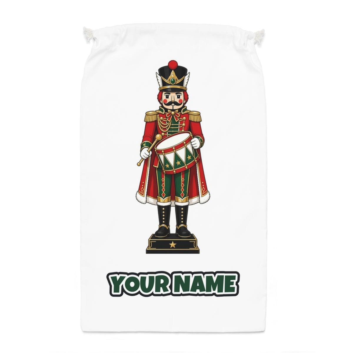 Nutcracker Soldier and Drum Santa sack laid flat, showing the full print