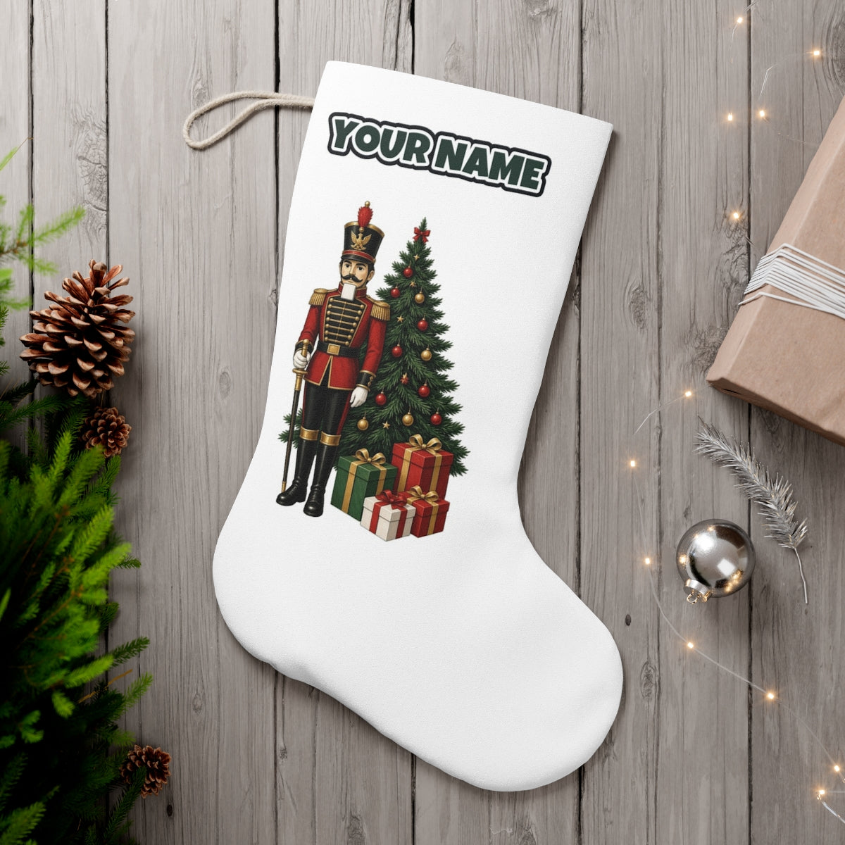 Nutcracker Soldier and Presents personalised Christmas stocking, white, with the name across the top
