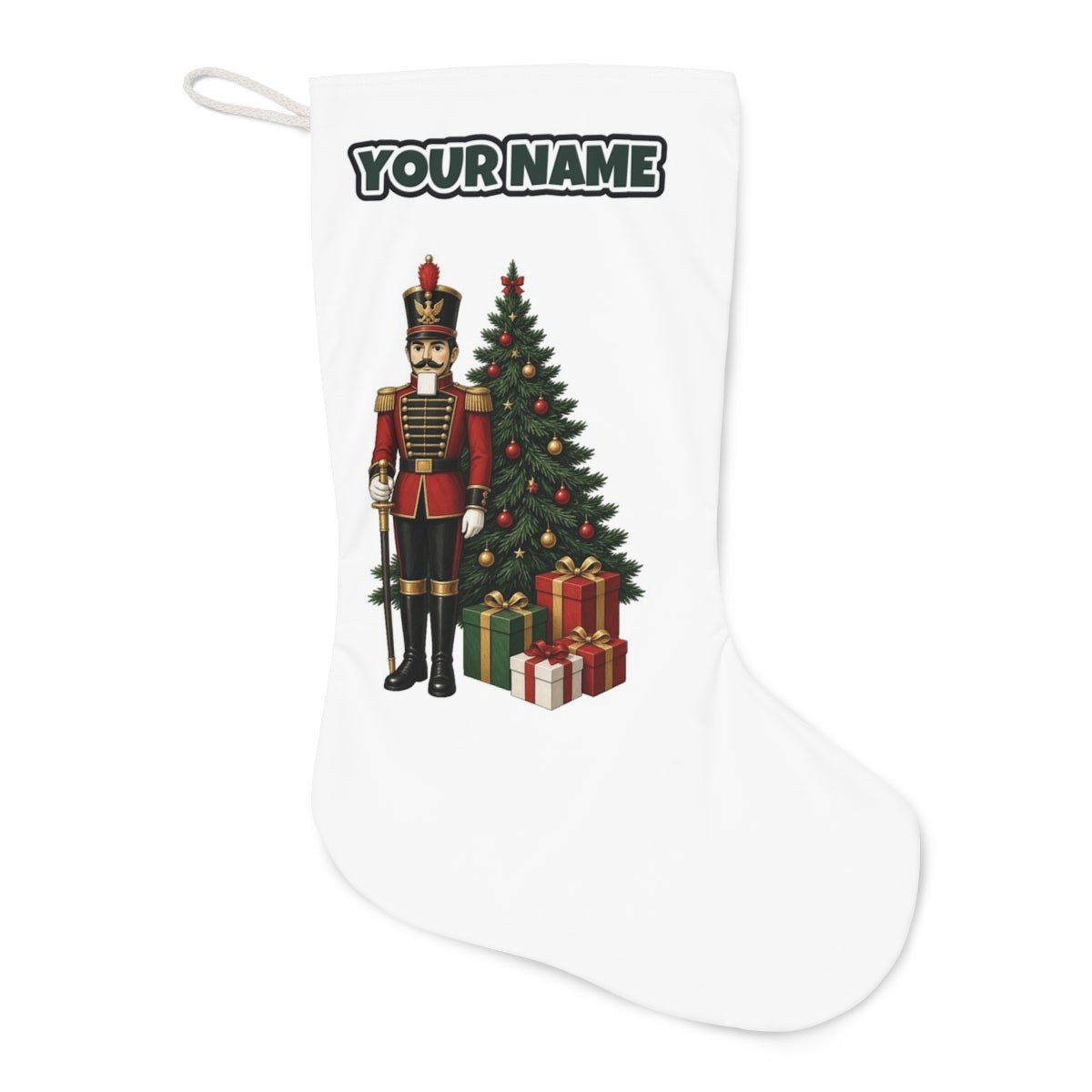 Nutcracker Soldier and Presents Christmas stocking laid flat, showing the full print