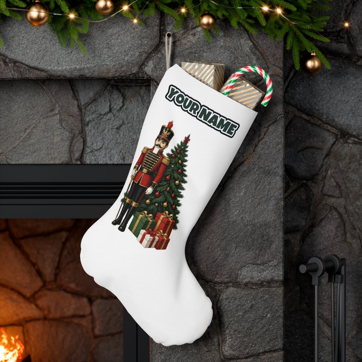 Nutcracker Soldier and Presents personalised Christmas stocking hanging on a mantel