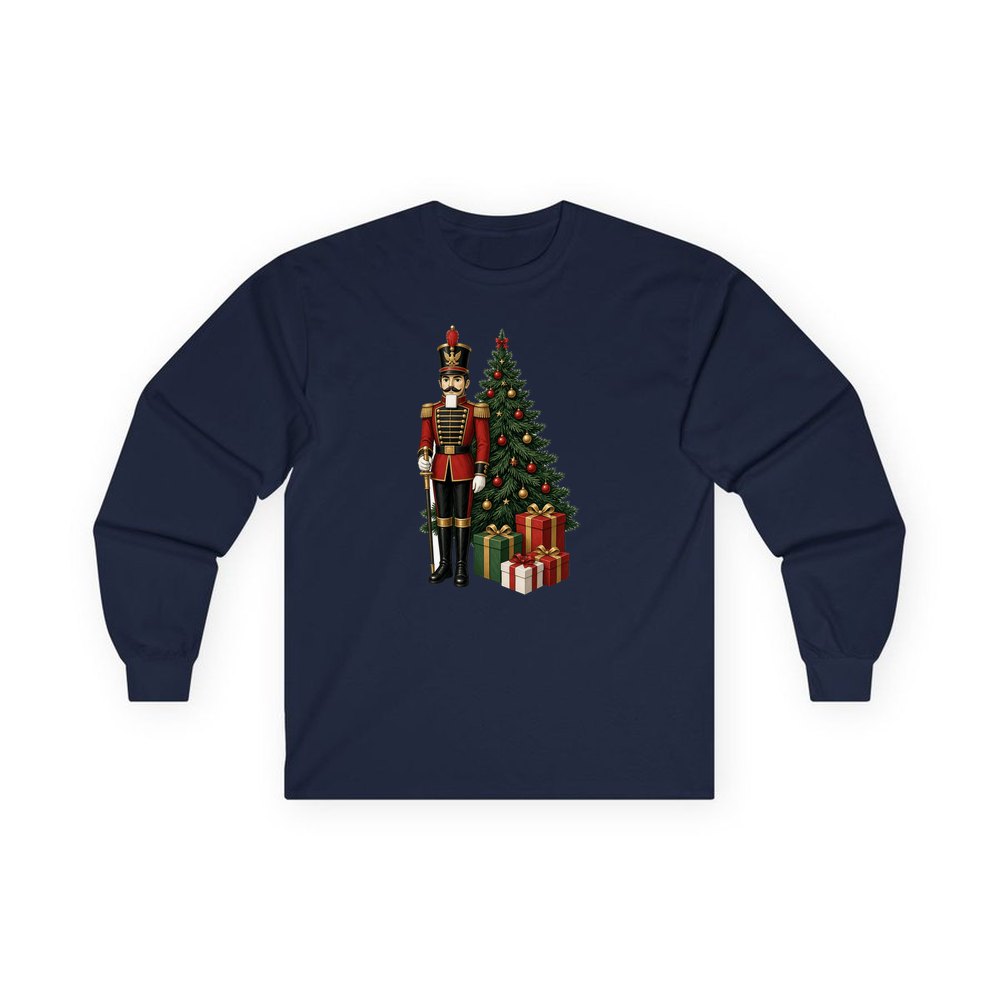 Nutcracker Soldier and Presents personalised long sleeve Christmas T-shirt in navy