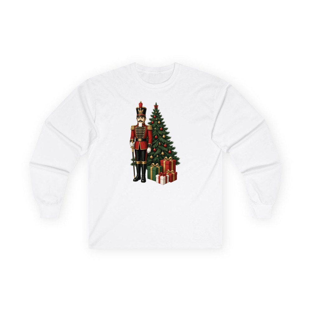 Nutcracker Soldier and Presents personalised long sleeve Christmas T-shirt in white
