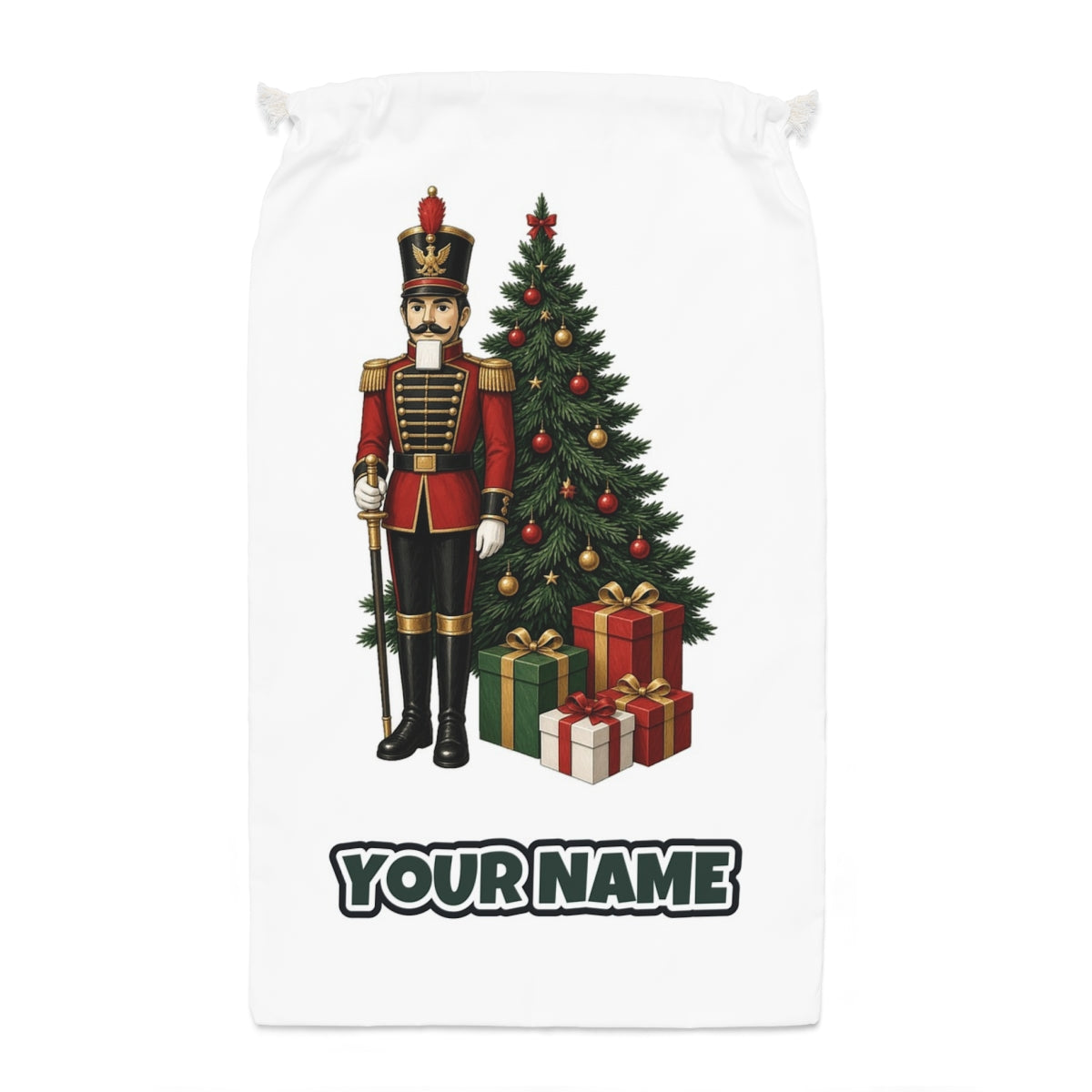Nutcracker Soldier and Presents Santa sack laid flat, showing the full print