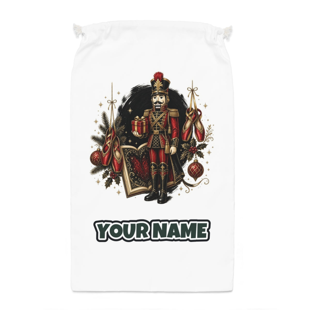 Nutcracker Storybook Soldier Santa sack laid flat, showing the full print