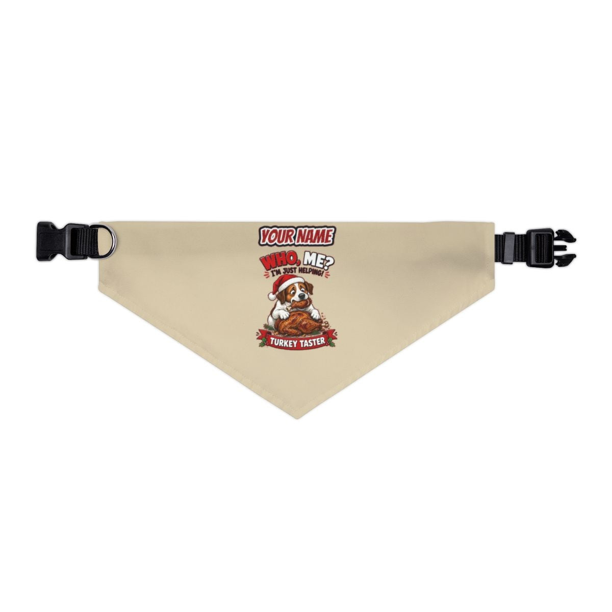 Official Turkey Taster personalised Christmas pet bandana in beige, collar with buckle