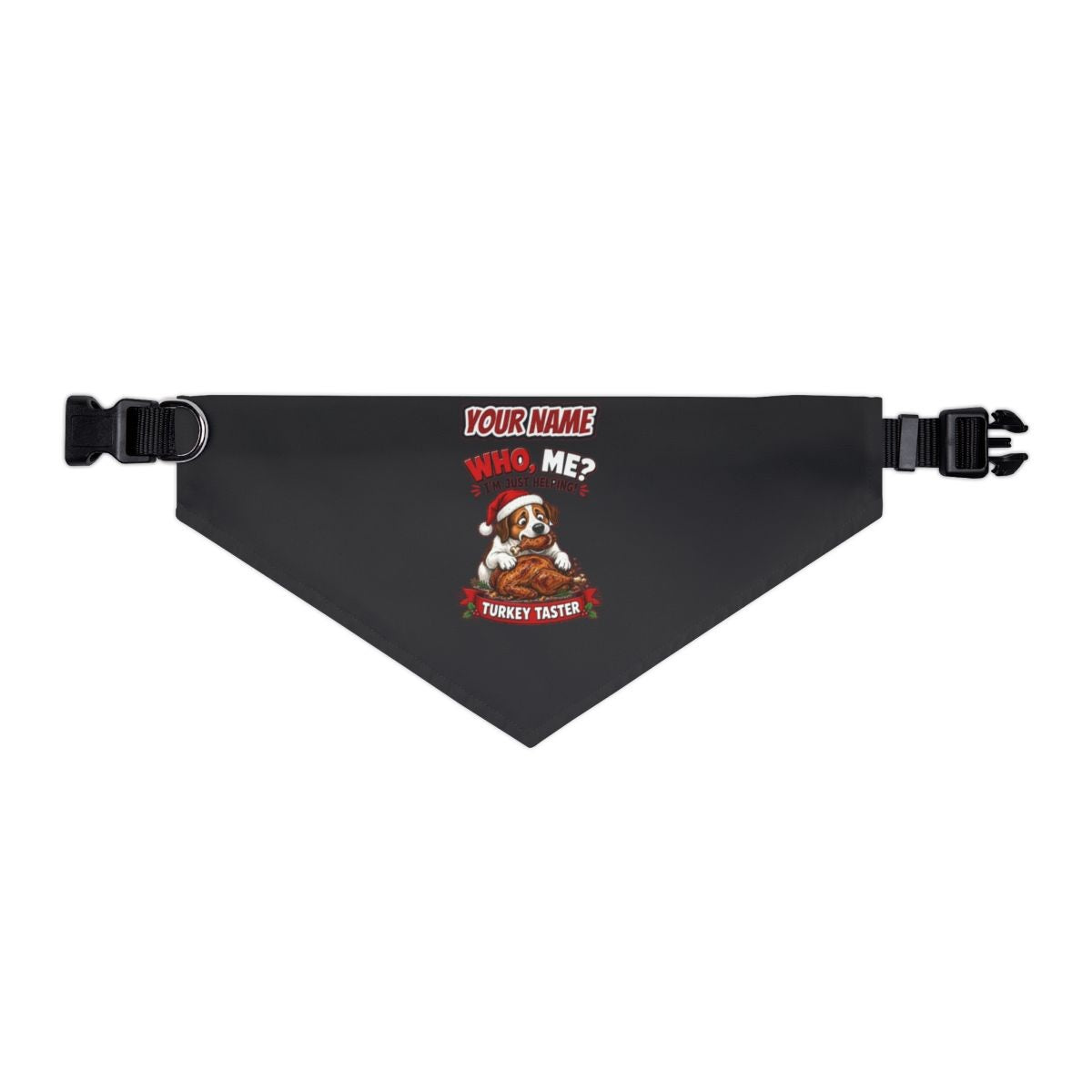 Official Turkey Taster personalised Christmas pet bandana in black, collar with buckle