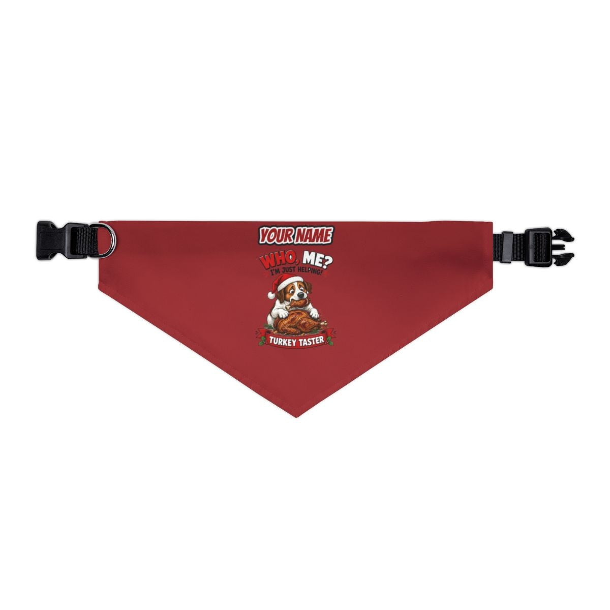 Official Turkey Taster personalised Christmas pet bandana in red, collar with buckle