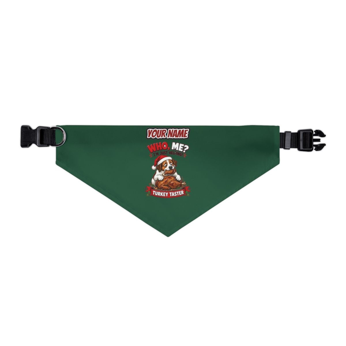Official Turkey Taster personalised Christmas pet bandana in green, collar with buckle