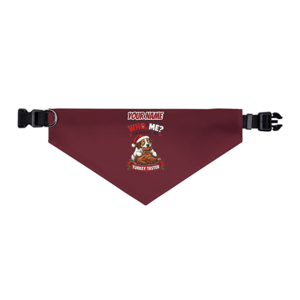 Official Turkey Taster personalised Christmas pet bandana in maroon, collar with buckle