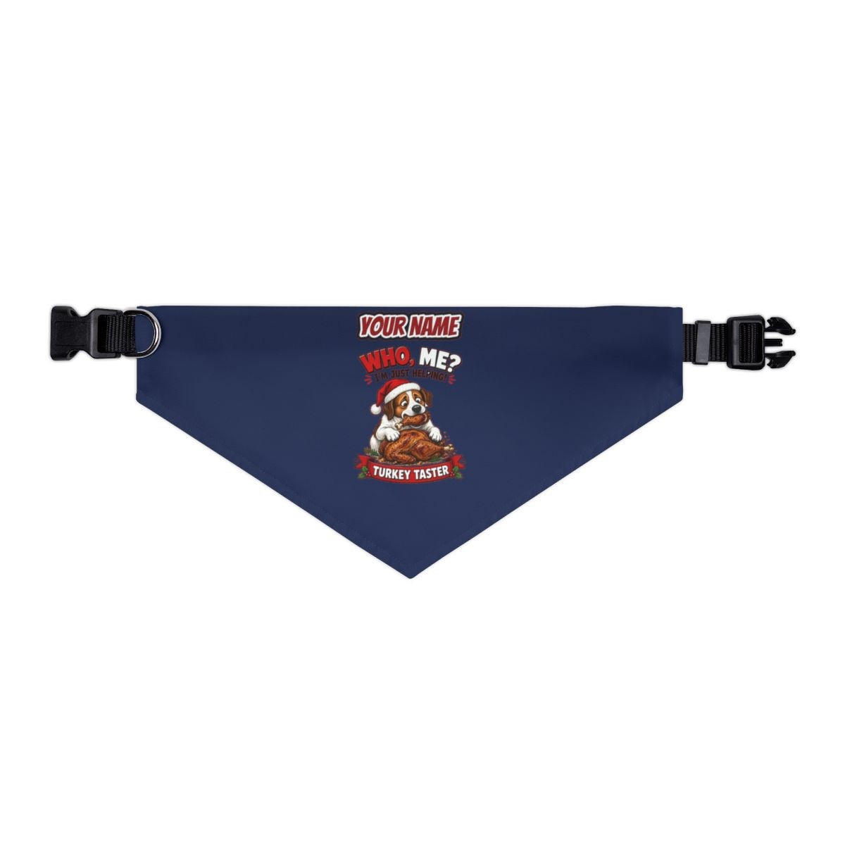 Official Turkey Taster personalised Christmas pet bandana in navy, collar with buckle