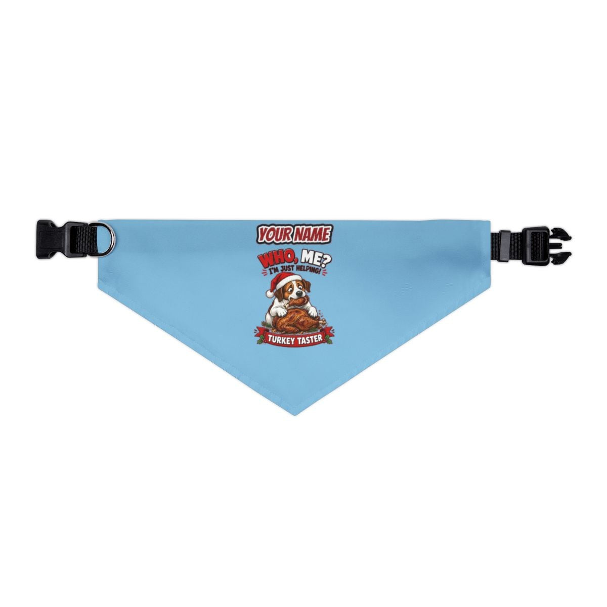 Official Turkey Taster personalised Christmas pet bandana in sky blue, collar with buckle
