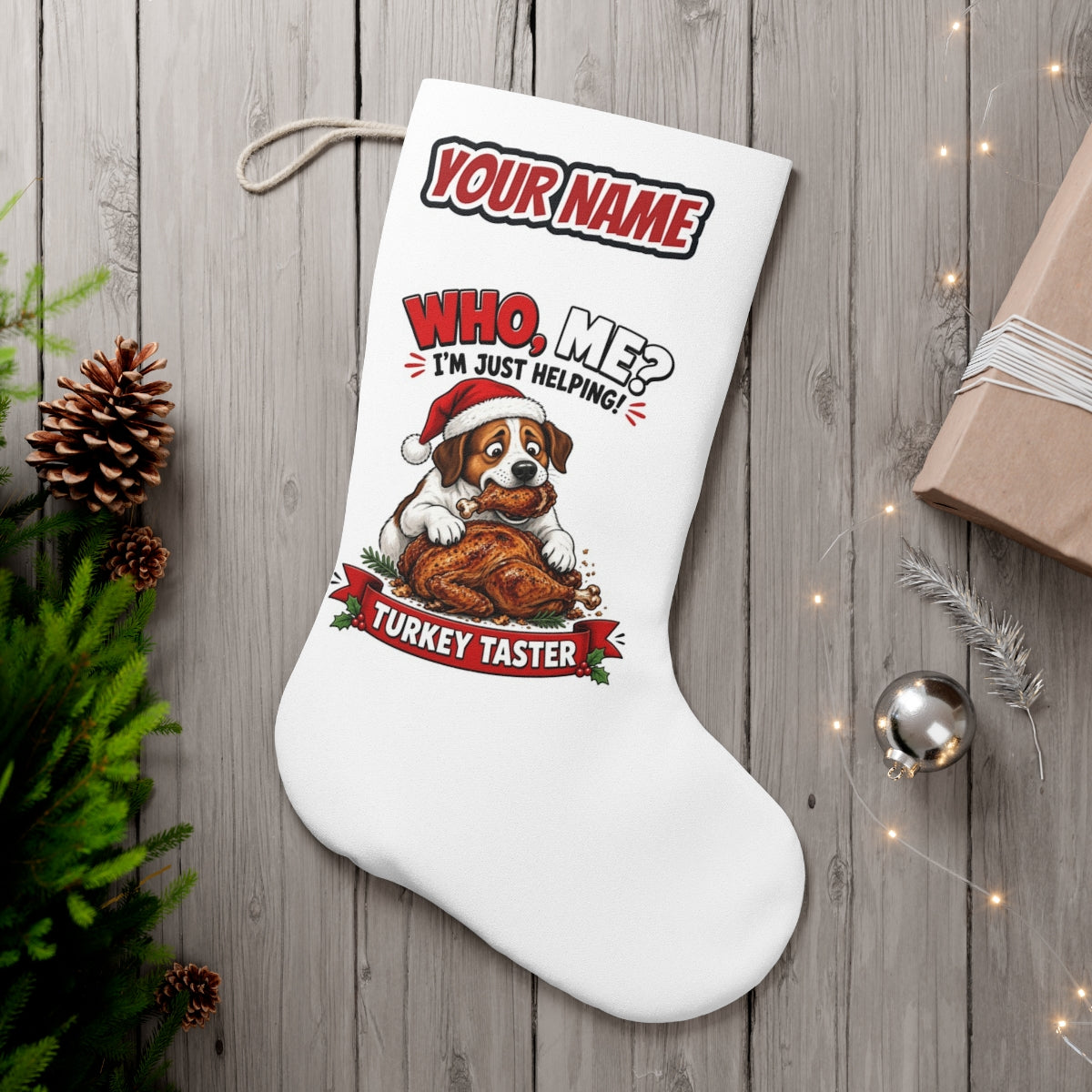 Official Turkey Taster personalised Christmas stocking, white, with the name across the top