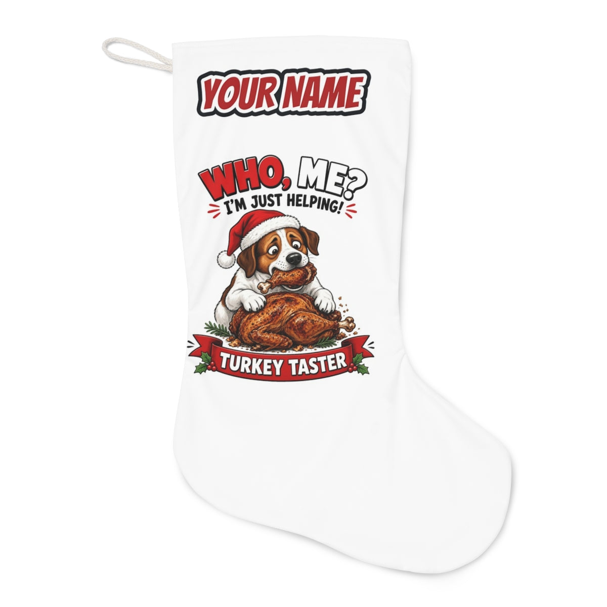Official Turkey Taster Christmas stocking laid flat, showing the full print