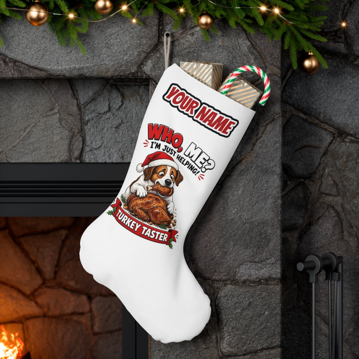 Official Turkey Taster personalised Christmas stocking hanging on a mantel