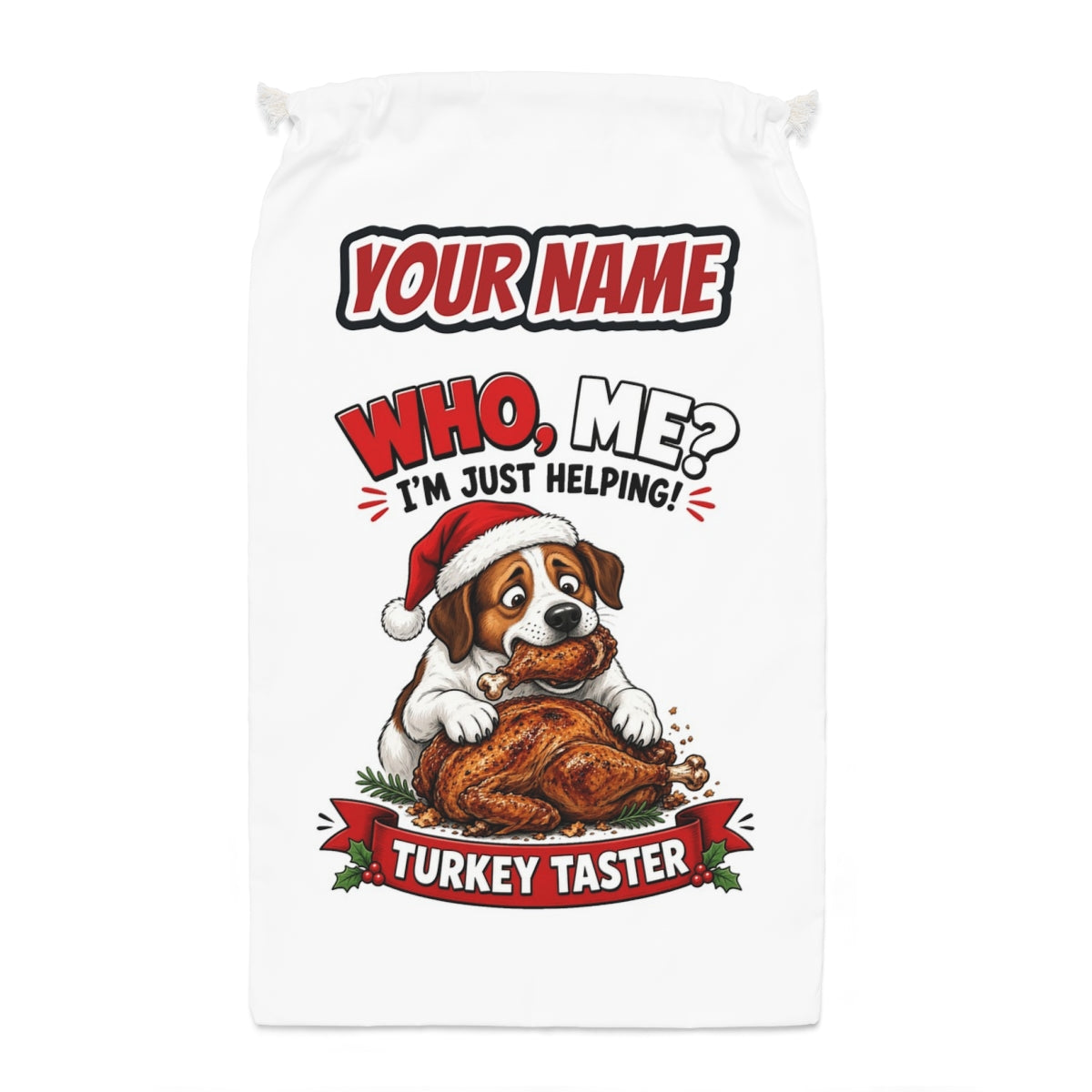 Official Turkey Taster Santa sack laid flat, showing the full print