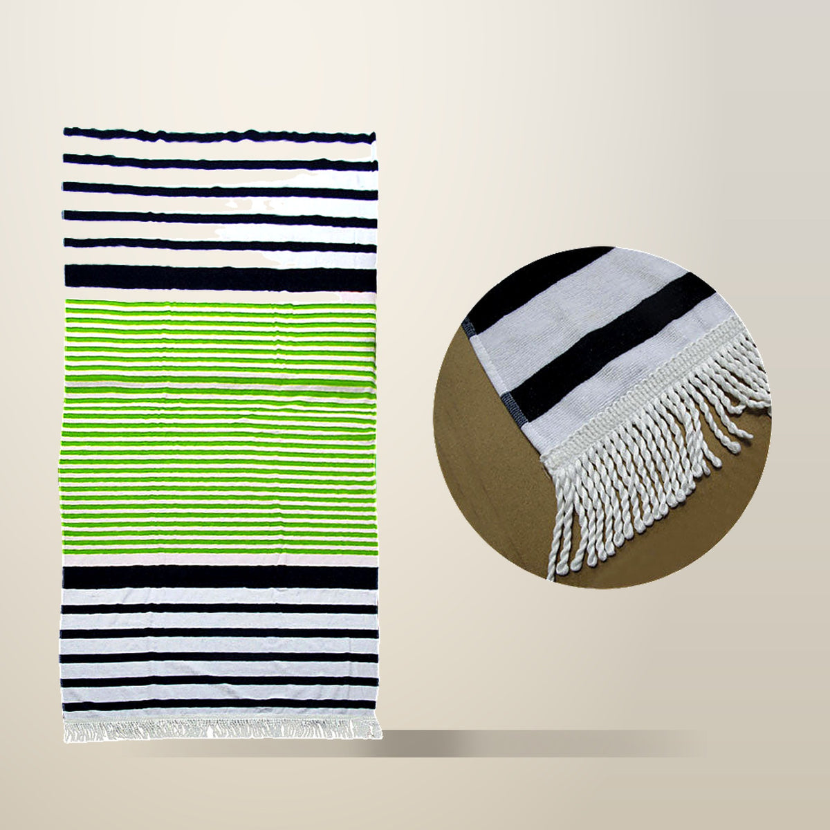 Onkaparinga Striped Fringe Beach Towel, Green, on a plain cream background