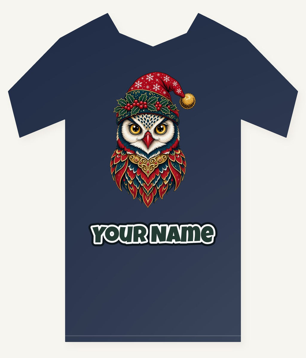 Ornate Owl In Santa Hat Personalised Kids Tee and Baby Bodysuit