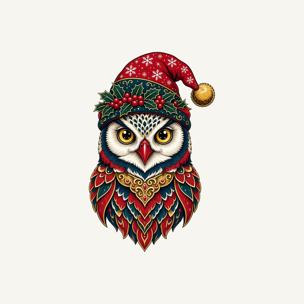 Ornate Owl In Santa Hat Personalised Kids Tee and Baby Bodysuit