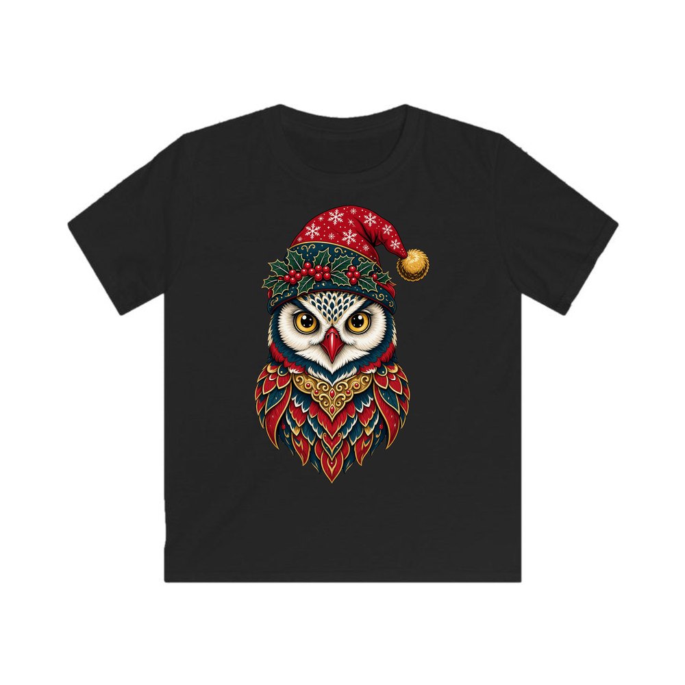 Ornate Owl In Santa Hat personalised kids Christmas tee in black