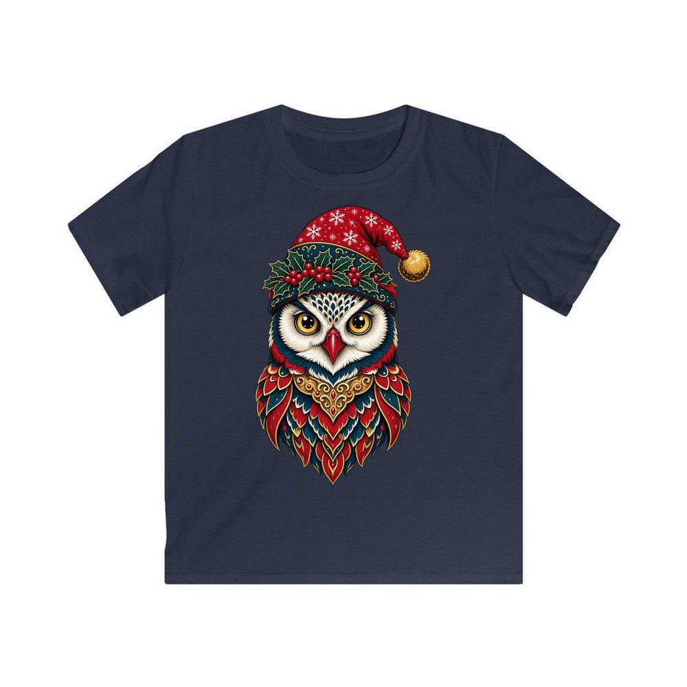 Ornate Owl In Santa Hat personalised kids Christmas tee in navy