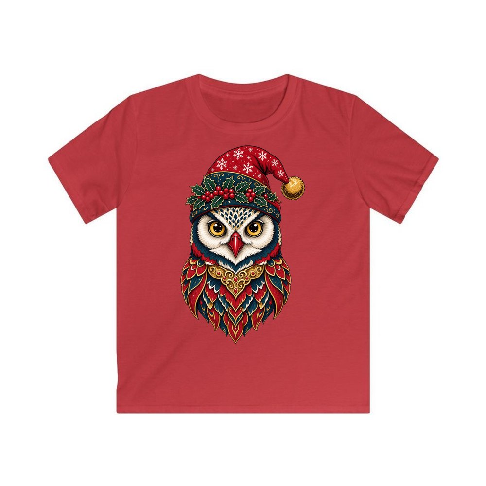 Ornate Owl In Santa Hat personalised kids Christmas tee in red