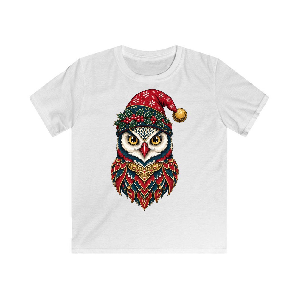 Ornate Owl In Santa Hat personalised kids Christmas tee in white