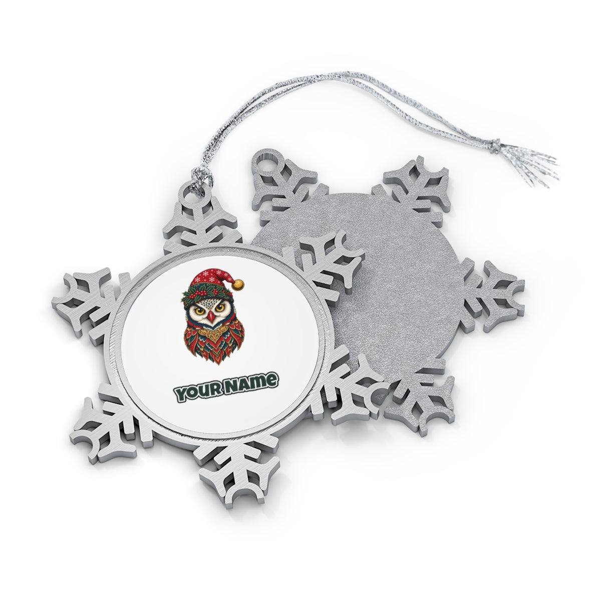 Ornate Owl In Santa Hat Personalised Pewter Christmas Ornament