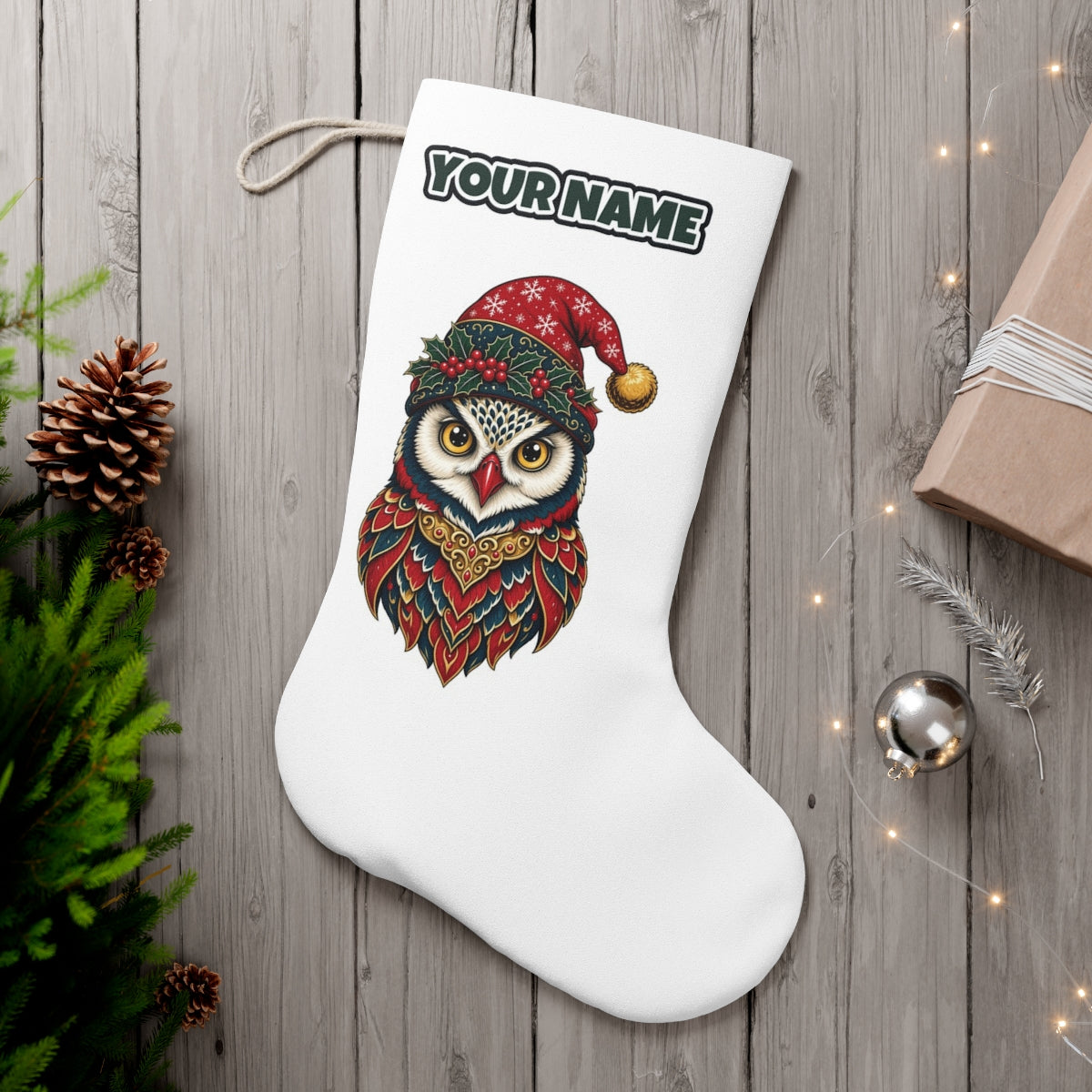 Ornate Owl In Santa Hat personalised Christmas stocking, white, with the name across the top