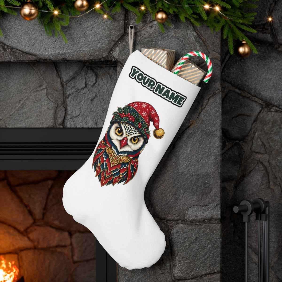 Ornate Owl In Santa Hat personalised Christmas stocking hanging on a mantel