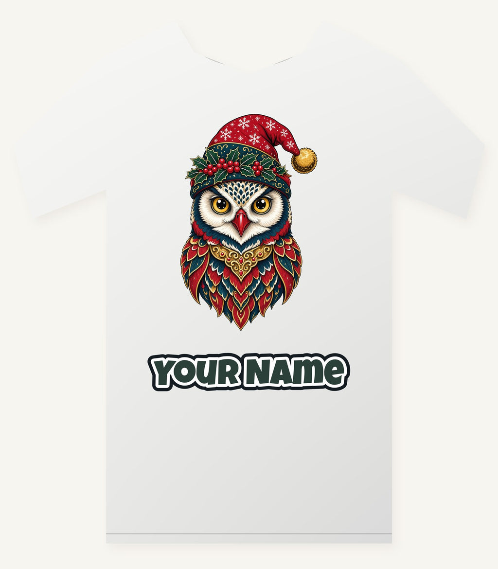 Ornate Owl In Santa Hat Personalised Christmas T-Shirt and Hoodie