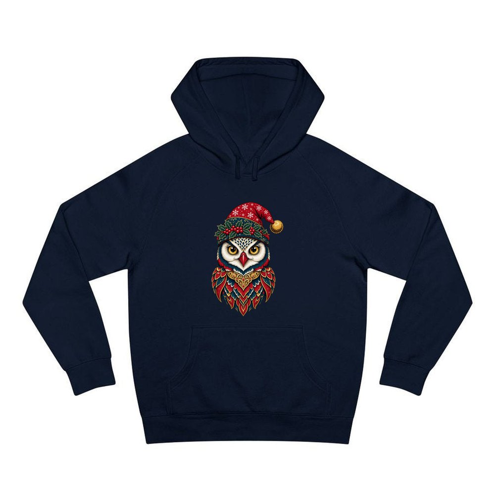 Ornate Owl In Santa Hat personalised Christmas hoodie in navy