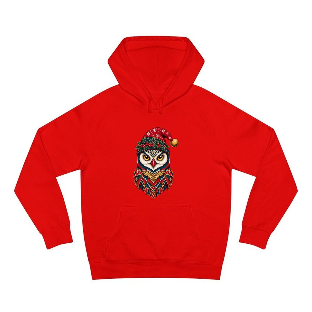 Ornate Owl In Santa Hat personalised Christmas hoodie in red