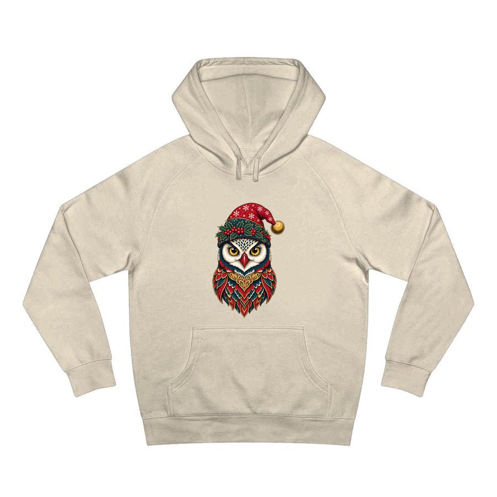 Ornate Owl In Santa Hat personalised Christmas hoodie in sand