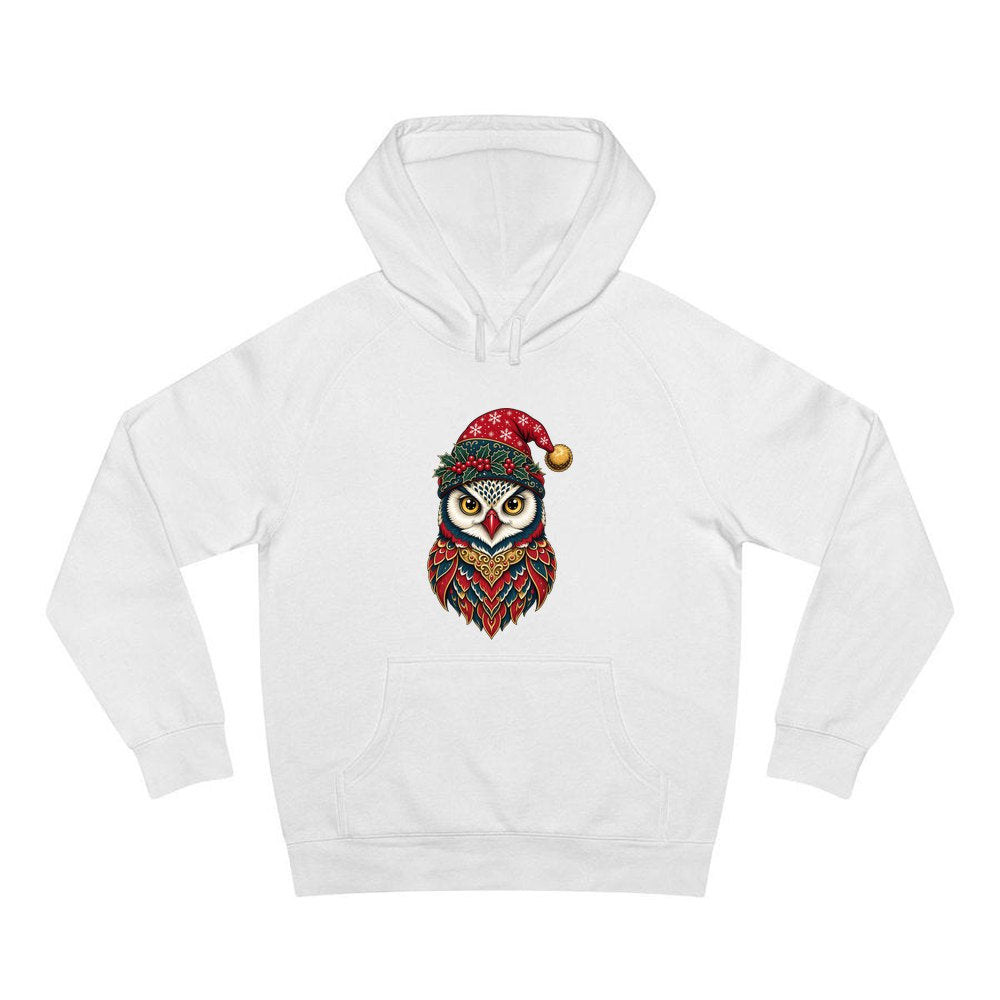 Ornate Owl In Santa Hat personalised Christmas hoodie in white
