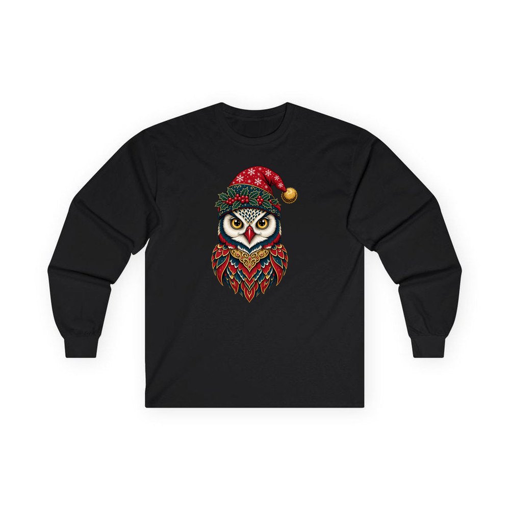 Ornate Owl In Santa Hat personalised long sleeve Christmas T-shirt in black