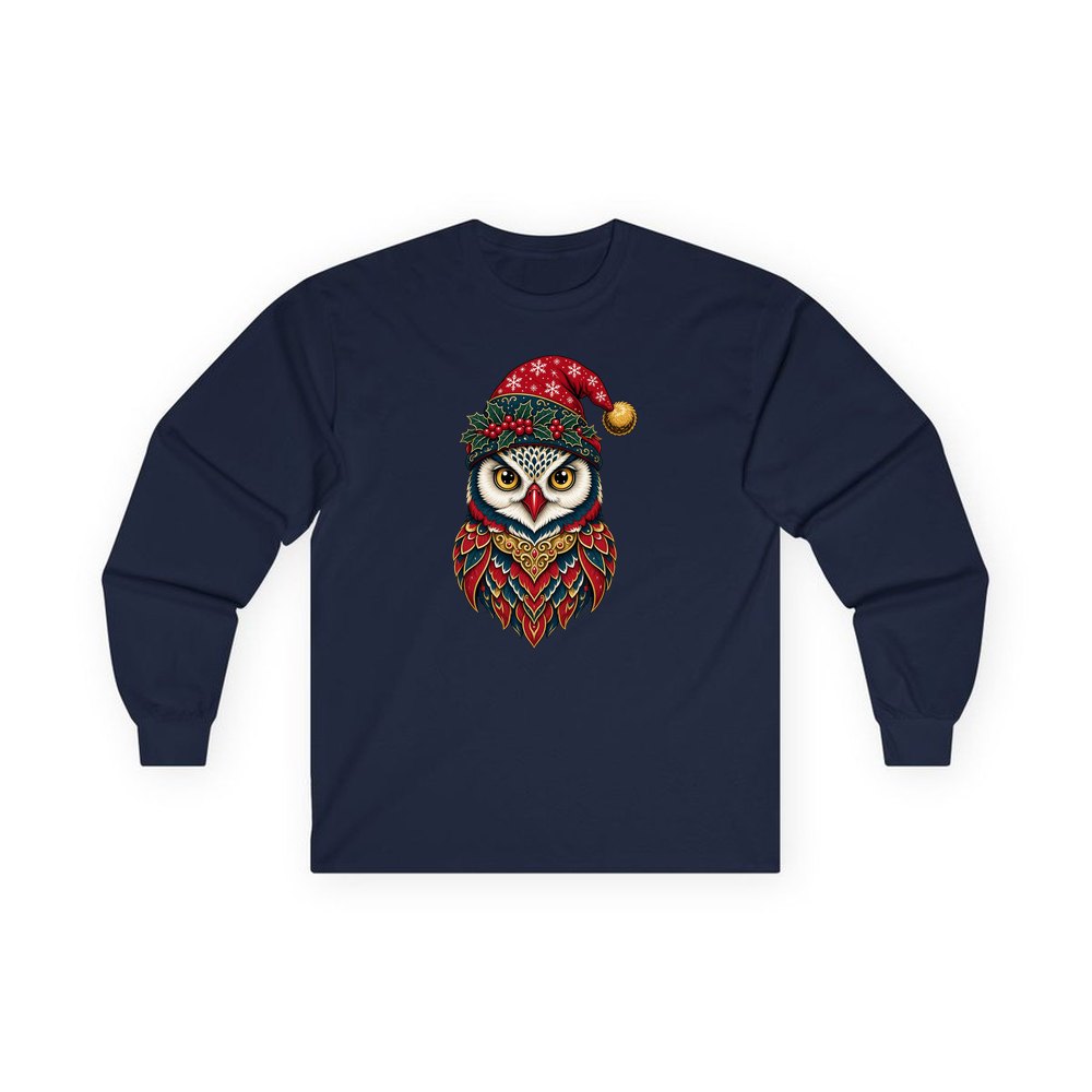 Ornate Owl In Santa Hat personalised long sleeve Christmas T-shirt in navy